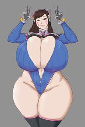 1girls alternate_body_type alternate_breast_size breasts breasts_bigger_than_head cleavage d.va female female_only female_solo franktonius front_view half_body huge_breasts hyper hyper_breasts large_breasts overwatch peace_sign simple_background solo solo_female thick_thighs thighhighs venus_body wide_hips