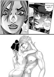 2boys age_difference ass birthmark black_and_white daddy daughter dialogue dio_brando duwang female grabbing hirohiko_araki joestar_birthmark jojo's_bizarre_adventure jolyne_kujo jotaro_kujo looking_at_another monochrome muscular muscular_male neck_scar scar standing stardust_crusaders stone_ocean straight technical_incest