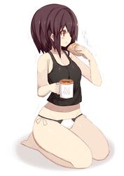 1girls bare_arms bare_legs bare_thighs black_topwear bottomless bread breasts brown_hair cup eating female female_only mamuru multicolored_panties narrow_shoulders no_pants original original_character panties red_eyes side-tie_panties string_panties tank_top thick_thighs thighs thin_arms thin_waist waist wide_hips