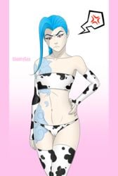 blue_hair bovine cameltoe cloud cow_girl cow_print cow_suit curvy jinx_(league_of_legends) league_of_legends pale_skin pink_eyes red_eyes shadrysea skinny tattoo tattoos thighhighs thong tubetop white_body white_skin year_of_the_ox