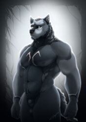 abstract_background absurd_res animal_genitalia ansgar anthro balls belly big_(disambiguation) canid canine canis demon fullbodywolf fur genitals glowing glowing_eyes gold_markings grey_body grey_fur hi_res hybrid illustration male mammal markings muscular muscular_anthro muscular_male nipples nude pecs sheath solo standing were werecanid werecanine werewolf wolf