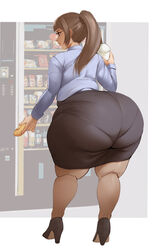 1girls ass ass_in_dress bamboo_ale bbw big_ass bottom_heavy brown_hair bubble_ass bubble_butt clothed collared_shirt drink female food glasses heels high_heels massive_ass mature mature_female office office_clothing office_lady original panty_bulge pantyhose pantylines plump plump_ass ponytail rear_view solo thick_thighs tight_clothing tight_skirt vending_machine workplace