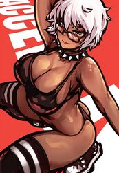 2021 accela big_breasts breasts collar color commission commission_art dark-skinned_female dark_skin glasses large_breasts legwear lemudesu looking_at_viewer orange_eyes original_character pinup short_hair simple_background smile solo solo_female solo_focus tagme tan tan_body tan_skin white_hair