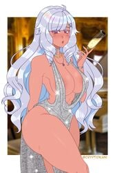 1girls alter_minari_(jojoniumart) bare_legs bare_thighs big_breasts cryptid_crab dark-skinned_female dark_skin dress drink large_breasts long_hair looking_at_viewer new_year pelvic_curtain red_eyes sideboob silver_hair solo solo_female thick_thighs voluptuous wide_hips