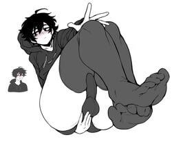 1boy balls ballsack black_hair blush bulge doomer_boy doppel erection erection_under_clothes feet_in_camera femboy girly looking_at_viewer male male_only meme penis penis_under_clothes short_hair testicles thick_thighs thighhighs trap wojak_comics yaoi