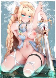 bangs blonde_hair blue_eyes blush breasts elf eyebrows_visible_through_hair female hair_ornament highres large_breasts long_hair looking_at_viewer navel nipples open_mouth original pointy_ears solo suisui_(hakkindou) sword water weapon