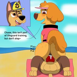 absurd_res beach bodily_fluids chase_(paw_patrol) colossalstars cum cum_in_pussy cum_inside dialogue duo female feral genital_fluids hi_res male male/female nickelodeon paw_patrol seaside skye_(paw_patrol)