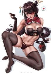 1girls bare_shoulders beidou_(genshin_impact) black_hair black_legwear breasts bust_cup chinese_clothes cleavage cleavage_cutout clothing_cutout crossed_legs cup dandon_fuga eyepatch female female_only fingerless_gloves genshin_impact gloves gourd hair_ornament hairpin heart large_breasts leaning_back legwear long_hair navel panties seductive_smile simple_background sitting smile solo spread_legs teacup thick_thighs thighhighs thighs underwear