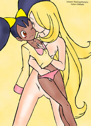 2girls age_difference blonde_hair blonde_hair_over_one_eye brown_skin champion chocolate_and_vanilla clothing cynthia_(pokemon) dark-skinned_female female female_focus female_only flat_chested game_freak gym_leader hand_under_clothes hand_under_panties hand_under_shirt interracial interracial_yuri iris_(pokemon) iris_(pokemon_bw) kissing light-skinned_female long_blonde_hair long_hair multiple_girls nintendo no_nose one_eye_closed panties pantsless pink_panties pokemon pokemon_bw pokemon_dppt thecrazypartyco underwear x4blade yellow_background yellow_theme yuri