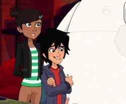 1boy 1boy1girl 1girls asian asian_male baymax big_hero_6 big_hero_6:_the_series bottomless breasts brown_skin cum cum_on_lips dark-skinned_female dark_skin disney female hiro_hamada latina marvel megan_cruz penis pussy screenshot_edit short_hair vagina