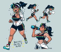 1girls 2020 black_hair booty_shorts dialogue drinking earbuds english_text female grey_background jieb multicolored_hair original ponytail running short_hair shorts simple_background solo sports_bra sportswear sweat tan tanline text tomboy water_bottle yeet-chan