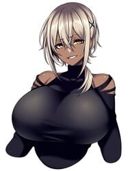 1girls bare_shoulders black_hair breasts camui_kamui_(hz_666v) clothed clothing cute dark-skinned_female dark_skin exposed_shoulders female female_only goth goth_girl gothic huge_breasts original short_hair smile solo top_heavy voluptuous white_background yellow_eyes