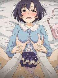 1boy bag bed_sheet black_hair blue_shirt blush breast_grab breasts brown_eyes censored clothed_sex clothing_aside commentary_request female grabbing idolmaster idolmaster_cinderella_girls long_sleeves looking_at_viewer lying medium_breasts mosaic_censoring on_back open_mouth panties panties_aside penis pink_panties purple_skirt shiragiku_hotaru shirt short_hair skirt solo_focus straight sweat tears tomu_(tomubobu) underwear vaginal_penetration