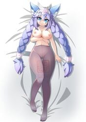 1girls animal_ears ass_visible_through_thighs blue_eyes blush braid breasts dakimakura elquijote facial_mark female fox_ears from_above headgear highres io_(paladins) long_hair looking_at_viewer lying navel nipples on_back paladins purple_hair solo topless twin_braids twintails very_long_hair