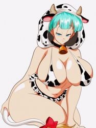 1girls bikini blue_hair breasts bulma_briefs cow_accoutrements cow_ears cow_hood cow_horns cow_print cow_print_skirt cow_tail cowbell dragon_ball huge_breasts microskirt moo_bitch nala1588 shounen_jump solo solo_female solo_focus tagme thick_thighs