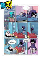 !? ass_up cloak comic dc dc_comics dick_grayson erect_nipples erect_nipples_under_clothes erect_while_sleeping erection_under_blanket floating male no_bra one_sock panties poking raven_(dc) robin_(dc) robin_(dick_grayson) robotori sleeping speech_bubbles teen_titans teen_titans_go