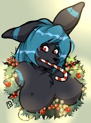 anthro big_breasts blue_hair breasts candy candy_cane christmas chubby_female cute_face decoration dessert eeveelution female food food_in_mouth hair harald_horfager hi_res holidays looking_at_viewer mara_(king_pangolin) nintendo pokémon_(species) pokemon pokemon_(species) red_eyes shaded shiny_pokemon slightly_chubby solo umbreon video_games