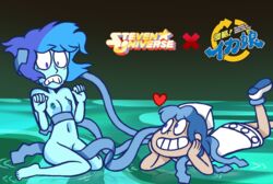 2girls alien bean_smile blue_breasts blue_hair blue_skin breasts calarts calarts_style cartoon_network chille_tid_(steven_universe) crossover eastern_and_western_character female female_only forced_yuri gem_(species) heart ikamusume interspecies lapis_lazuli_(gem) lapis_lazuli_(steven_universe) multiple_girls naked nude nude_female restrained shinryaku!_ikamusume squid_girl steven_universe tentacle tentacle_hair thecrazypartyco yuri