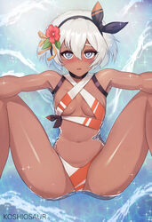 bea_(pokemon) bikini female flower flower_in_hair koshio koshiosaur looking_at_viewer pokemon pokemon_ss small_breasts solo spread_legs