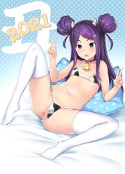 2021 animal_print anus bell bell_collar bikini blush bosshi collar cow_horns cow_print double_bun double_v female flat_chest hair_ornament heart heart_hair_ornament highres horns long_hair lying navel nipples no_shoes ochikobore_fruit_tart on_back purple_eyes purple_hair pussy sekino_roko solo stockings swimsuit thighhighs v white_legwear