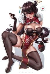 1girls bare_shoulders beidou_(genshin_impact) black_hair black_legwear breasts bust_cup chinese_clothes cleavage cleavage_cutout clothing_cutout crossed_legs cup dandon_fuga dress eyepatch female female_only fingerless_gloves fur_trim genshin_impact gloves gourd hair_ornament hairpin heart large_breasts leaning_back legwear long_hair navel panties seductive_smile simple_background sitting smile solo spread_legs teacup thick_thighs thighhighs thighs under_skirt underwear