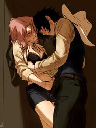 1boy 1boy1girl 1girl alternate_universe barely_visible_genitalia biting_lip blush bra ceejss couple female handjob hetero heterosexual male naruto naruto_(series) naruto_shippuden penis penis_grab sakura_haruno sasuke_uchiha straight undressing