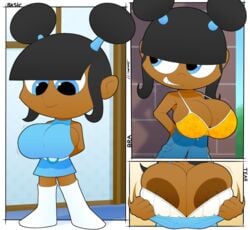 1girls black_hair blue_dress blue_eyes bra breasts cartoon_network dark-skinned_female dark_skin dress huge_breasts large_breasts lola_mbola melanin robotboy slickehedge solo solo_female solo_focus teen_girl topless undressing white_bra yellow_bra