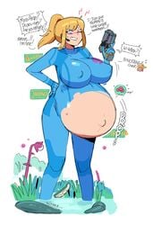 1girls belly_drop big_belly blonde_hair blue_eyes blush dr-worm electronics female female_focus firearm gritted_teeth handgun huge_belly huge_breasts human labor large_belly lewdlemage metroid metroid_(creature) nintendo nipple_bulge offscreen_character outie_navel pale_skin pregnant ready_to_pop ripped_clothing samus_aran solo speech_bubble sweat sweatdrop talking text weapon yellow_hair zero_suit zero_suit_samus