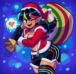 1girls christmas christmas_outfit female heart jieb shorts simple_background solo sports_bra sportswear tan tanline tomboy wink yeet-chan