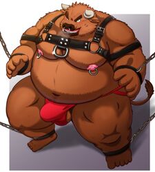 2021 absurd_res anthro balls belly bondage bound bovid bovine brown_body brown_fur bulge cattle clothing fur furry genitals hi_res jockstrap kemono kumajjjj leather_daddy male male_only mammal moobs navel nipples obese obese_anthro obese_male overweight overweight_anthro overweight_male solo underwear