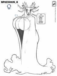 anthro antlers big_lips black_lipstick cloak deer female glowing_eyes huge_breasts hyper_breasts monster no_pupils rule_63 specimen_8 spooky's_house_of_jump_scares text walter_sache white_background