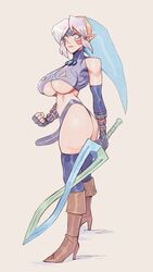 1girls breasts brellom cleavage facepaint female fierce_deity_link goddess high_heels link majora's_mask nintendo rule_63 side_view solo strap-on sword tagme the_legend_of_zelda voluptuous white_hair