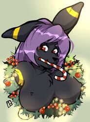 anthro big_breasts breasts candy candy_cane christmas chubby_female cute_face decoration dessert eeveelution female food food_in_mouth hair harald_horfager hi_res holidays looking_at_viewer mara_(king_pangolin) nintendo pokémon_(species) pokemon pokemon_(species) purple_hair red_eyes shaded slightly_chubby solo umbreon video_games