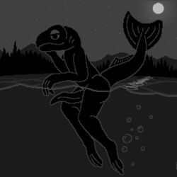 1:1 anthro digital_media_(artwork) fish genitals gills half-closed_eyes male marine monochrome narrowed_eyes noodlybat_(artist) outside partially_submerged penis pixel_art salmon salmonid_(fish) simple_background sky smile smug solo star starry_sky swimming tapering_penis underwater waterline_view