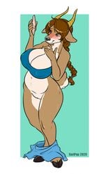 antelope anthro blush bovid braided_ponytail breasts cellphone cleavage clothed clothing female genitals hi_res horsefever mammal phone pussy solo