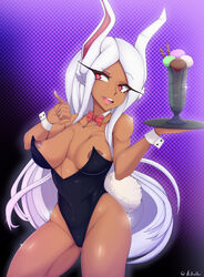 1girls aitrellos animal_ears animal_tail areolae bare_shoulders big_breasts bunny_ears bunny_girl bunny_tail bunnysuit dark-skinned_female dark_skin detached_collar detached_sleeves female female_only food holding_object ice_cream large_breasts leotard long_eyelashes long_hair miruko my_hero_academia nipples red_eyes ribbon rumi_usagiyama sundae tray white_hair