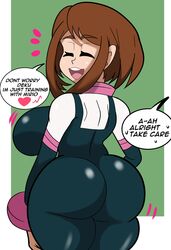 1girls ass big_ass big_breasts breasts brown_hair closed_eyes dialogue fat_ass female hero_outfit_(mha) huge_breasts large_ass large_breasts medium_hair my_hero_academia ochako_uraraka shingattai skin_tight speech_bubble standing text thick_ass thick_thighs thighs voluptuous