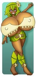 1girls alternate_breast_size amalia barefoot blush breasts_bigger_than_head brown_eyes dark-skinned_female dark_skin drooling female female_only flower_in_hair full_body gradient_background green_eyes heart-shaped_pupils huge_breasts hungy sadida skirt smile solo topwear wakfu