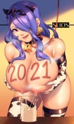 1girls 2021 barcode bare_shoulders bare_thighs bell big_breasts body_writing breast_grab breast_tattoo camilla_(fire_emblem) collar cow_girl cow_print ear_piercing ear_tag elbow_gloves fire_emblem fire_emblem_fates gloves holding_breast holding_own_breast huge_breasts lactating_in_cup lactating_in_glass lactation large_breasts leash licking_lips lips long_hair looking_at_viewer milk milk_in_container milking naughty_face nintendo nipples number_tag one_eye_covered petplay piercing purple_hair red_eyes seductive seductive_smile seios solo solo_female steam steaming_body sweat tag tattoo thick_lips thick_thighs thighhighs tongue voluptuous year_of_the_ox