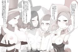 4girls battle_chatelaine blush breasts dana_(pokemon) embarrassed evelyn_(pokemon) female game_freak hat japanese_text lanuit_(pokemon) large_breasts lematin_(pokemon) morgan_(pokemon) multiple_females multiple_girls nakanun nintendo nipples nita_(pokemon) open_mouth pokemon pokemon_xy short_hair small_breasts tears topless