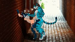 16:9 alley animated anthro bottomless brick_wall canid canine clothed clothing crowred duo felid female fox from_behind_position male mammal nude pantherine semi_public sex short_playtime standing standing_sex straight tiger wall_(structure) widescreen ych_(character)