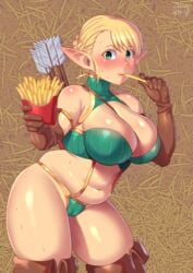 1girls absurd_res armlet armor arrows artist_name bare_shoulders bikini_armor blonde_hair blush boots bottomless breasts cameltoe cleavage cowboy_shot dated eating elf elf-san_wa_yaserarenai elf_ears elfuda erect_nipples erect_nipples_under_clothes female female_only french_fries gloves green_eyes hi_res jewelry long_hair navel nipples plump pointed_ears pointy_ears skindentation solo solo_female thigh_boots thighhighs zheng