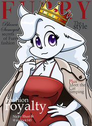 anthro blanca blanca_(nicky_illust) canid canine canis clothing cover cover_art cover_page crown domestic_dog dress english_text fashion female fluffy hi_res magazine mammal nicky_illust nordic_sled_dog pose purple_eyes red_clothing red_dress samoyed solo spitz text white_body white_fur white_hair