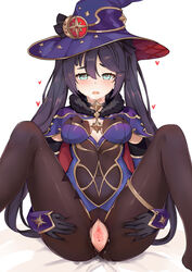 absurdres aqua_eyes bangs black_gloves black_hair black_legwear blush breasts censored earrings female genshin_impact gloves hair_between_eyes hair_ornament hat heavy_breathing highres jewelry leotard long_hair looking_at_viewer medium_breasts mona_(genshin_impact) pantyhose purple_hair pussy pussy_juice simple_background sitting solo spread_legs spread_pussy twintails user_cfze2853 wavy_mouth witch_hat