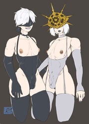 2boys baguette_(artist) big_penis bodysuit crossdressing crossover dark_souls dark_sun_gwyndolin erection_under_clothes femboy fishnets fromsoftware girly high_heels lipstick long_nails male male_focus male_only nier:_automata nipple_piercing painted_nails panties penis_under_clothes pole short_hair thighhighs thong top trap yaoi yorha_9s