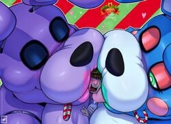 1boy 2girls animatronic anthro background blush bonnie_(fnaf) bowtie candy_cane christmas closed_eyes five_nights_at_freddy's five_nights_at_freddy's_2 five_nights_at_freddy's_6 giantess glowing_eyes hyper_lips kissing larger_female licking_lips looking_at_partner looking_pleasured purple_lipstick security_guard toy_bonnie toy_bonnie_(fnaf) walter_sache