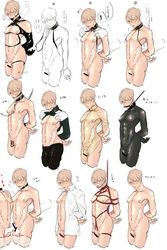 1boy arms_behind_back arms_tied arms_tied_behind_back ball_gag bar_gag blank_censor blonde_hair blue_eyes blush bondage bondage_gear censor_bar censored chains chastity chastity_cage choker collar completely_naked embarrassed erect_nipples erection exposed_nipples feet_out_of_frame flaccid gag gay hand_on_chest hearts japanese_text latex latex_suit leash leash_and_collar male male_only moobs open_mouth open_shirt original penis penis_size_difference penises_touching perky_nipples pointless_censoring red_rope restrained rope_bondage rope_gag shirt_lift small_penis solo_male thighhighs yaoi