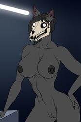 2:3 anthro areola big_breasts biped black_areola black_hair black_nails bone breasts canid colored_nails female fur furry furry_only genitals glowing glowing_eyes grey_body hair hand_on_butt hi_res mal0 malo mammal monster nails navel pussy scp-1471 scp-1471-a scp_foundation sharp_teeth simple_background skull smile solo standing sweetmeat teeth thick_thighs white_eyes