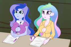 2girls aqua_eyes big_breasts blue_hair blue_skin boob_window bracelet breasts cleavage cleavage_cutout collared_shirt edit equestria_girls erect_nipples eyelashes female female_only females_only friendship_is_magic green_hair hasbro huge_breasts imminent_wardrobe_malfunction large_breasts lips long_hair mlp-gft multicolored_hair my_little_pony nipple_bulge nipples_visible_through_clothing paper pen pink_hair pink_skin pokies popping_buttons princess_celestia_(mlp) princess_luna_(mlp) principal_celestia purple_eyes rainbow_rocks screencap screenshot screenshot_edit sisters smooth_skin two_tone_hair vice_principal_luna watch