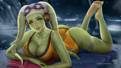 1girls alien barefoot blush bubble_butt cleavage clothed clothing feet_up green_eyes green_skin headgear hera_syndulla hi_res large_breasts looking_at_viewer one-piece_swimsuit prywinko revealing_clothes simple_background smile star_wars star_wars_rebels twi'lek voluptuous